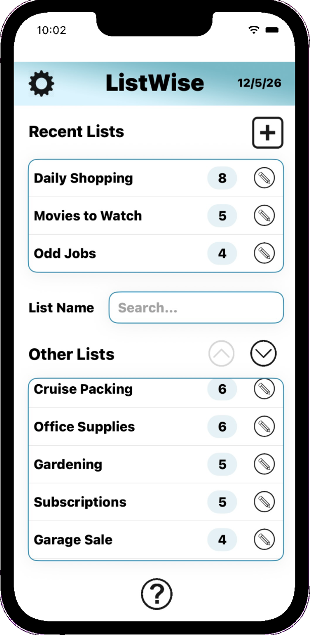 ListWise home screen